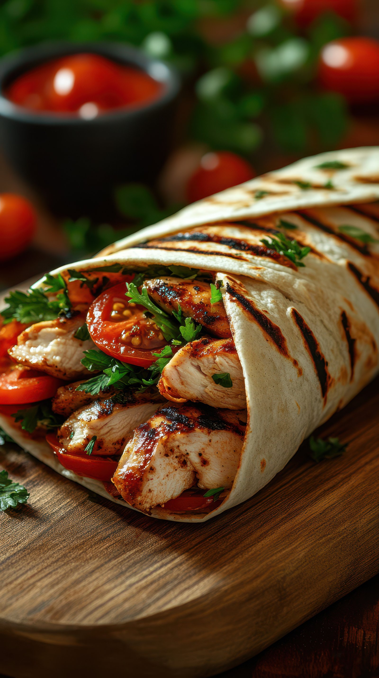 Grilled chicken wrap with fresh vegetables and herbs served on a wooden board during a casual dining experience